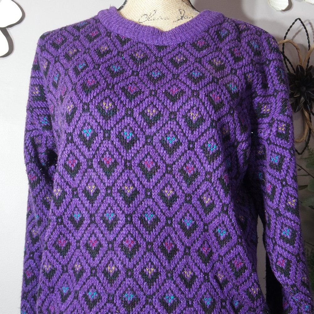 Vintage LOAFERS REED ST JAMES 80s Geometric Diamond Purple Knit Pullover Sweater